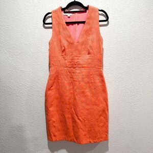 Kay Unger Sherbet Orange Polka Dot Sleeveless V-Neck Sheath Dress Womens 10